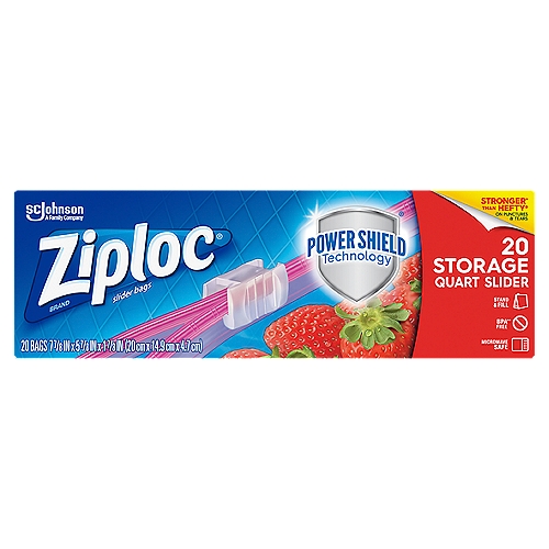 Ziploc Brand Slider Storage Quart Bags with Power Shield Technology, 20 Count
New Ziploc® brand Storage Slider Bags are designed with new Power Shield technology that provides unbeatable protection for your food. New more durable film with an expandable bottom, Ziploc® brand Storage Slider Bags outperform the competition in strength and reliability*. Each bag blocks out air and locks in freshness ensuring that your food stays fresh, meaning less wasted food and more money saved.
*Bag film tested using ASTM D1709 Dart Drop and ASTM D2582 PPT

• Get unbeatable protection with new Power Shield technology featuring an easy close slider, new more durable film and expandable bottom
• Stronger* than Hefty® on punctures & tears *Bag film tested using ASTM D1709 Dart Drop and ASTM D2582 PPT
• Pack includes 20 Ziploc® brand Storage Slider Bags made of durable and long-lasting BPA-free plastic* *Product not formulated with BPA (Bisphenol A)
• Safe for use in microwaves (use as directed). When defrosting and reheating food, open the storage bag zipper one inch to vent

BPA** free
**BPA is not used to make polyethylene