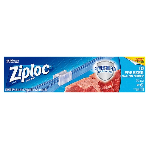 Ziploc Brand Slider Freezer Gallon Bags with Power Shield Technology, 10 Count
New Ziploc® brand Slider Freezer Bags helps provide unbeatable protection with new Power Shield technology. With a new more durable film and an expandable bottom, Ziploc® brand Slider Freezer Bags outperform the competition in strength and reliability*. Less freezer burn means less wasted food and more money saved.

• Get unbeatable protection with new Power Shield technology featuring an easy close slider, new more durable film and expandable bottom
• Stronger* than Hefty® on punctures & tears *Bag film tested using ASTM D1709 Dart Drop and ASTM D2582 PPT
• Pack includes 10 Ziploc® brand Slider Freezer Bags made of durable and long-lasting BPA-free plastic* *Product not formulated with BPA (Bisphenol A)
• Filled bags stand side by side in most refrigerators, freezers, and pantries, which means you can maximize storage space in your home
• Safe for use in microwaves (use as directed). When defrosting and reheating food, open the storage bag zipper one inch to vent

BPA** Free
**BPA is not used to make polyethylene