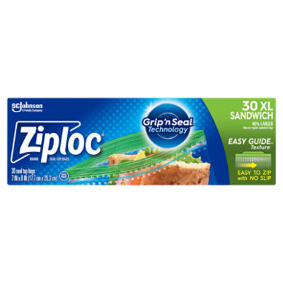 Ziploc® Brand XL Sandwich Bags with New EasyGuide™ Texture and Grip 'n Seal Technology, 30 Count, 30 Each