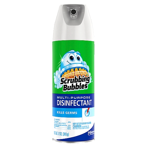 Scrubbing Bubbles Multi-Purpose Disinfectant Spray, 12 oz
Description: Scrubbing Bubbles Multi-Purpose Disinfectant Spray kills cold and flu viruses◊. It also kills other germs, such as: bacteria, mold**, and mildew. It works as both a sanitizer and as a household disinfectant. Spray the surface and let it stand for 30 seconds to sanitize and 5 minutes to disinfect. Use it on doorknobs, faucets, garbage cans, handles and other hard, non-porous surfaces that you have frequent contact with. ◊Respiratory Syncytial Virus (RSV) (ATCC VR-26) - the leading cause of lower respiratory infection in children and/or an important cause of ear infections in children, ◊Influenza A (flu) (ATCC VR-544), ◊Human Coronavirus (ATCC VR-740), ◊Parainfluenza A Virus Type 3 (ATCC VR-93) **Aspergillus niger (A TCC 6275)
Bullet 1: Scrubbing Bubbles Multi-Purpose Disinfectant kills cold and flu viruses◊ and other germs, such as bacteria, mold**, and mildew
Bullet 2: ◊Respiratory Syncytial Virus (RSV) - the leading cause of lower respiratory infection in children and/or an important cause of ear infections in children, ◊Influenza A (flu), ◊Human Coronavirus, ◊Parainfluenza A Virus Type 3; **Aspergillus niger
Bullet 3: It works as both a sanitizer and a disinfectant
Bullet 4: This aerosol disinfectant kills the Human Coronavirus, Staph and E. coli, Rotavirus, Influenza A, and more
Bullet 5: Sanitizer spray: shake the can, spray pre-cleaned surface until wet and allow product to remain on surface for 30 seconds to sanitize and 5 minutes to disinfect
Bullet 6: Use Scrubbing Bubbles Multi-Purpose Disinfectant on doorknobs, faucets and garbage cans

Kills Cold & flu Viruses◊
Kills mold** and mildew

Kills common cold and flu viruses.◊ Prevents mold** and mildew on hard non-porous surfaces. Sanitizer: Kills Staphylococcus aureus and Klebsiella pneumoniae on hard, non-porous surfaces in 30 seconds. 5-Minute Disinfectant/Virucide/Fungicide: Disinfects Hard, Non-Porous Surfaces by Killing:
Bacteria: Staphylococcus aureus (Staph), Salmonella enterica, Listeria monocytogenes, Enterococcus faecalis, Escherichia coli (E. coli), Enterobacter aerogenes, Campylobacter jejuni, Pseudomonas aeruginosa
Viruses: Rotavirus (the leading cause of infectious diarrhea in children), ◊Respiratory Syncytial Virus (RSV) - the leading cause of lower respiratory infection in children and an important cause of ear infections in children, ◊Influenza A (flu), Herpes Simplex Virus Types 1 and 2, ◊Human Coronavirus, ◊Parainfluenza A Virus Type 3
Fungi: Trichophyton mentagrophytes (the fungus that causes athlete's foot)
**Aspergillus niger