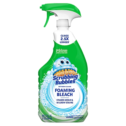 Scrubbing Bubbles Foaming Bleach Bathroom Cleaner is a deep penetrating foam that clings to your bathroom surfaces, scrubbing away bathroom stains. The unique trigger dispenses a foam that erases mold and mildew stains, cleans soap scum, and leaves behind a brilliant shine.

• Penetrating foam thoroughly erases mold and mildew stains and cleans soap scum easily
• Leaves behind a brilliant shine
• Unique trigger dispenses a foam that clings to your bathroom surfaces
• Scrubbing Bubbles Foaming Bleach has a deep penetrating foam that wipes out soap scum and sends mold and mildew stains running for the drain
• It clings to bathroom surfaces to clean tile, bathtub, shower and tile grout
• Foaming spray nozzle