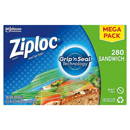 Ziploc® Sandwich Bags Mega Pack 280 CT
Unloc ‘fun on the run' with Ziploc brand sandwich bags. Featuring Grip ‘n Seal technology that includes easy-open tabs and non-slip textured grips, these BPA-free plastic resealable sandwich bags are easy to open, hold and seal. That means they're great at providing effortless access to sumptuous sandwiches.

The easy-to-use, durable nature of these Ziploc® sandwich bags means they're ideal for use in packed lunches, picnics or for enjoyment ‘on the go'. You can also use them to store food and non-food items around the house - think kids crayons, craft items, stationery and much more.

• Grip ‘n Seal technology with extended tab, easy-grip texture and double zipper makes these plastic sandwich bags easy to use
• Great for ‘on the go' enjoyment - at school, at the office, or wherever life takes you
• Mindfully made to be reusable and recyclable
• Durable BPA-free plastic makes these reusable Ziploc® bags perfect for storing food and non-food items, such as crayons, craft items and more

BPA** Free
**BPA is not used to make polyethylene