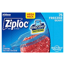 Ziploc Brand Freezer Bags with New Stay Open Design, Quart, 75, Microwave Safe, BPA Free