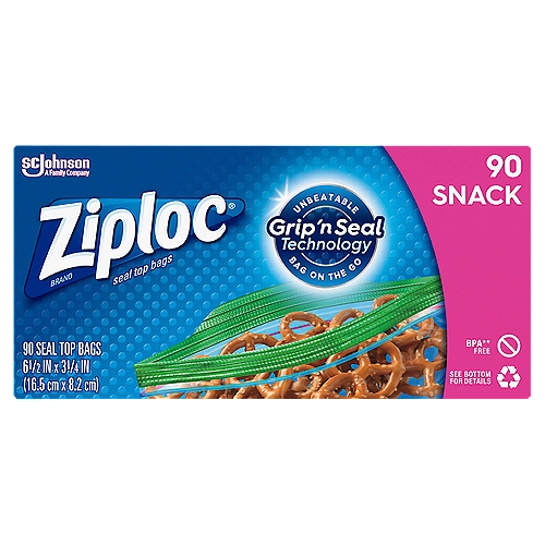Ziploc® Snack Bag 90 CT
Unloc anytime, anywhere enjoyment with Ziploc® brand snack bags. Featuring Grip ‘n Seal technology that includes easy-open tabs and non-slip textured grips, these BPA-free plastic reusable snack bags are easy to open, pack, hold and seal.

These re-usable snack baggies are a perfect companion for everyday life - use them for dry snacks like baked goods, to help keep fruit portions fresh or to preserve and carry condiments for a picnic or BBQ. With Grip ‘n Seal technology, you can lock in the fresh flavors, confident in the knowledge that you or your loved ones will be able to access and enjoy them quickly and easily, wherever they are. 

• Perfect for storing dry and fresh food items - lock in the fresh flavor, unloc the enjoyment
• Grip ‘n Seal technology with extended tabs, easy-grip texture and double zipper makes these reusable Ziploc® bags easy to use
• Great for ‘on-the-go' enjoyment - use these Ziploc® snack bags anytime, anywhere
• Mindfully made to be reusable and recyclable

BPA** Free
**BPA is not used to make polyethylene