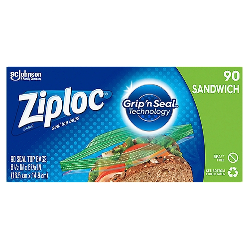 Ziploc® Sandwich Bags 90 CT
Unloc ‘fun on the run' with Ziploc brand sandwich bags. Featuring Grip ‘n Seal technology that includes easy-open tabs and non-slip textured grips, these BPA-free plastic resealable sandwich bags are easy to open, hold and seal. That means they're great at providing effortless access to sumptuous sandwiches.

The easy-to-use, durable nature of these Ziploc® sandwich bags means they're ideal for use in packed lunches, picnics or for enjoyment ‘on the go'. You can also use them to store food and non-food items around the house - think kids crayons, craft items, stationery and much more.

• Grip ‘n Seal technology with extended tab, easy-grip texture and double zipper makes these plastic sandwich bags easy to use
• Great for ‘on the go' enjoyment - at school, at the office, or wherever life takes you
• Mindfully made to be reusable and recyclable
• Durable BPA-free plastic makes these reusable Ziploc® bags perfect for storing food and non-food items, such as crayons, craft items and more

BPA** Free
**BPA is not used to make polyethylene