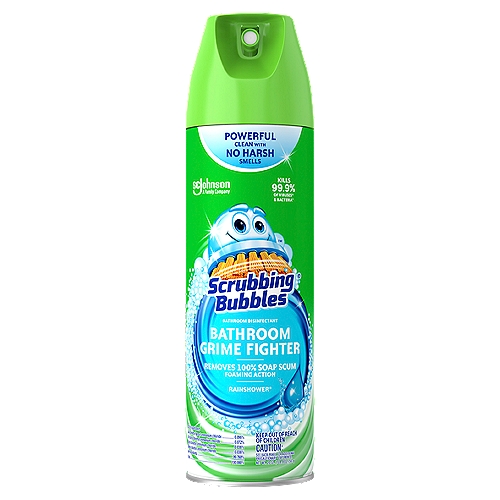 Scrubbing Bubbles Bathroom Grime Fighter Aerosol, Disinfectant Spray, Rainshower, 20 oz
Scrubbing Bubbles Bathroom Grime Fighter Aerosol is an easy way to get tough on bathroom surface messes. When used as directed, kills: Herpes Simplex Virus Type 1, Herpes Simplex Virus Type 2, Influenza A (H1N1) Virus, Respiratory Syncytial Virus, Rotavirus. Staphylococcus aureus (Staph), Salmonella enterica (Salmonella), Pseudomonas aeruginosa, Escherichia coli 0157: H7 (E. coli), Listeria monocytogenes.

• Scrubbing Bubbles Bathroom Grime Fighter Aerosol is a disinfectant cleaner with a penetrating foam that takes on grime wherever it hides and kills 99.9% of viruses and bacteria
• This multisurface bathtub cleaner, shower cleaner, and tile cleaner removes 100% of soap scum and smells amazing
• A disinfectant spray that is effective on multiple surfaces, including glazed ceramic tile, stainless steel, chrome fixtures, fiberglass, vinyl, glazed porcelain, glass, laminate, Corian, sealed granite and quartz surfaces
• This disinfectant is also available in an adjustable trigger spray