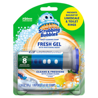 Scrubbing Bubbles Fresh Gel Toilet Cleaning Stamp, Citrus, Dispenser with 6 Gel Stamps, 1.34 oz