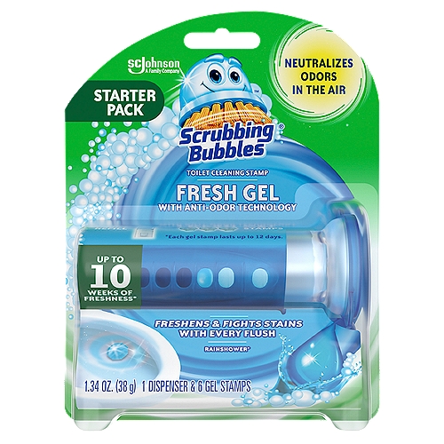 Scrubbing Bubbles Fresh Gel Toilet Cleaning Stamp, Rainshower, Dispenser with 6 Gel Stamps, 1.34 oz
The Scrubbing Bubbles Fresh Gel Toilet Cleaning Stamp provides freshness with every flush. Simply stamp one of the toilet cleaning gel discs under the rim. Each stamp lasts up to 12 days! No touching. No scrubbing. No anything. Just continuous, flush-activated, freshening action. Scrubby calls it a hands-free way to help keep toilet rings and limescale build-up away. Stamp color may vary depending on fragrance. Odor-eliminating freshness every time you flush. That's cleaning reinvented.

• The Scrubbing Bubbles Fresh Gel Toilet Cleaning Stamp freshens and cleans with every flush
• Simply stamp one of the toilet cleaning gel discs under the rim - each stamp lasts up to 12 days
• Helps keep toilet rings and limescale build-up away
• No touching, no scrubbing, no anything - just continuous, flush-activated, freshening action
• Stamp color may vary depending on fragrance
