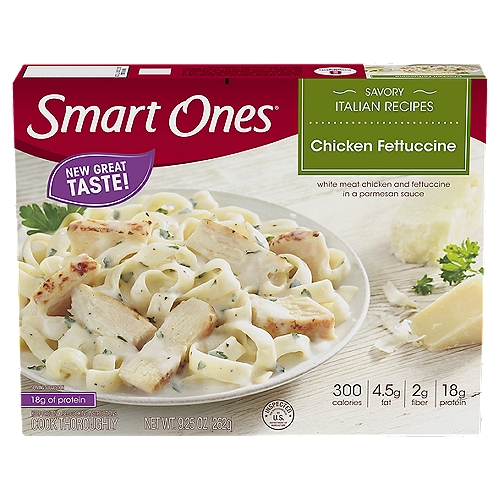 Smart Ones Chicken Fettuccine, 9.25 oz
White Meat Chicken and Fettuccine in a Parmesan Sauce

Freezing is a simple way to keep foods fresh. That's why we don't add preservatives to this entrée and you can have delicious cuisine all year long!