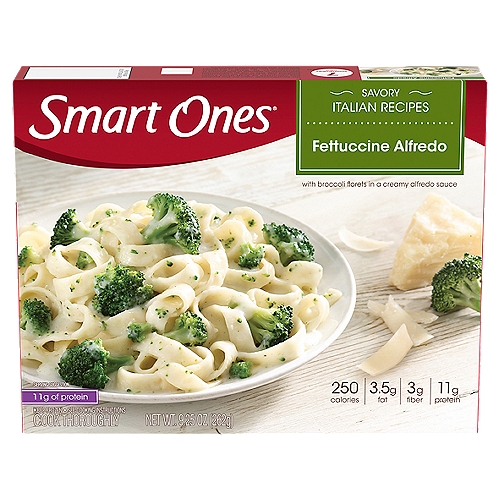 Smart Ones Fettuccine Alfredo, 9.25 oz
Freezing is a simple way to keep foods fresh. That's why we don't add preservatives to this entrée and you can have delicious cuisine all year long! Plus, this entrée is vegetarian.