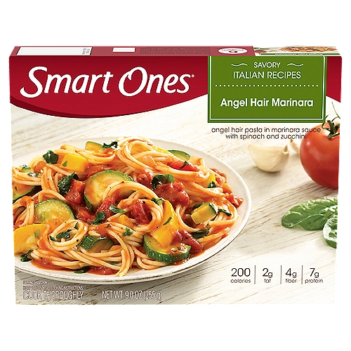 Smart Ones Angel Hair Pasta Marinara with Spinach & Zucchini Frozen Meal, 9 oz Box
Smart Ones Angel Hair Marinara delivers delicious Italian inspired flavors to satisfy your cravings in an easy to make microwave meal that's ready in minutes. This frozen dinner features angel hair pasta in marinara sauce with spinach and zucchini. As an added bonus, this tasty and easy Italian style food has 7 grams of protein per serving. Pull back film over frozen pasta dish to vent, microwave on high for 3 minutes, stir and microwave for an additional 1 minute. Each Smart Ones Angel Hair Marinara frozen vegetarian entree comes packaged in a 9 ounce microwaveable tray for quick and easy meal preparation.

• One 9 oz. box of Smart Ones Angel Hair Marinara
• Smart Ones Angel Hair Marinara delivers delicious Italian inspired flavors to satisfy your craving
• Angel hair pasta in marinara sauce with spinach and zucchini
• Each microwave dinner has 7 g. of protein per serving
• Includes a microwave tray for easy meal preparation
• Microwave on high for 3 minutes, stir and microwave for an additional 1 minute
• Store in the freezer