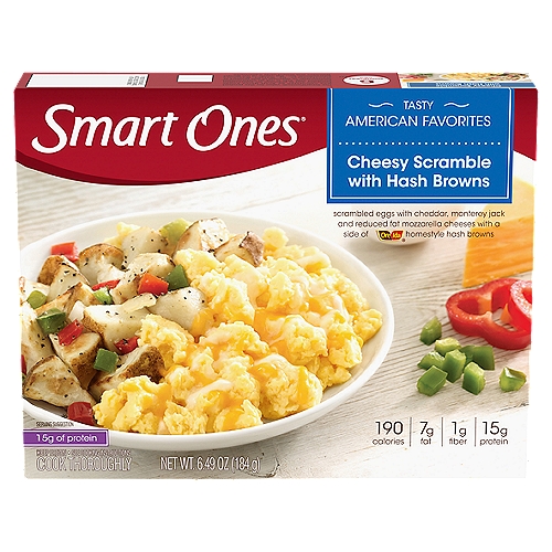 Smart Ones Cheesy Scramble With Hash Browns delivers delicious American style flavors to satisfy your cravings in an easy to make microwave meal that's ready in minutes. This frozen breakfast features scrambled eggs with cheddar, Monterey Jack and reduced fat mozzarella cheese and a side of Ore-Ida homestyle hash browns. As an added bonus, this tasty and easy American inspired eggs and cheese scramble has 15 grams of protein per serving. Microwave cheese scramble on high for 2 minutes, stir and microwave for an additional 1 minute. Each Smart Ones Cheesy Scramble With Hash Browns 6.49 ounce frozen breakfast comes packaged in a microwaveable tray for easy meal preparation.nn• One 6.49 oz. box of Smart Ones Cheesy Scramble With Hash Brownsn• Smart Ones Cheesy Scramble With Hash Browns delivers delicious flavors to satisfy your cravingn• Scrambled eggs with cheddar, Monterey Jack and reduced fat mozzarella cheeses with Ore-Ida hash brownsn• 15 g. of protein per servingn• Includes a microwave tray for easy meal preparationn• Microwave on high for 2 minutes, stir and microwave for an additional 1 minuten• Store in the freezer