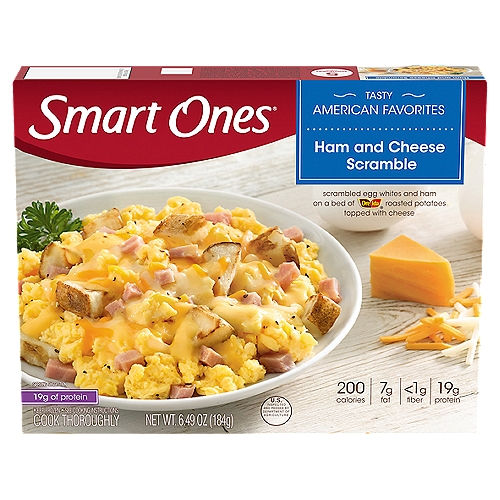 Smart Ones Ham and Cheese Scramble, 6.49 oz
Scrambled Egg Whites and Ham on a Bed of Ore Ida® Roasted Potatoes Topped with Cheese

Incredibly Tasty
Smart Ones is committed to providing you with a variety of incredibly tasty foods you love, in the smart portions you need! Plus, this entrée is gluten-free.