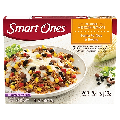 Smart Ones Santa Fe Rice & Beans, 9.0 oz
Spicy Rice & Beans with a Zesty Green Chile & Sour Cream Sauce, Topped with Part-Skim Mozzarella Cheese

Freezing is a simple way to keep foods fresh. That's why we don't add preservatives to this entrée and you can have delicious cuisine all year long! Plus, this entrée is vegetarian and gluten-free.
