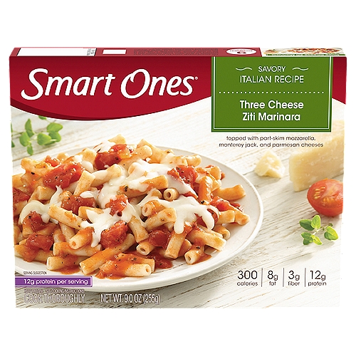 Smart Ones Three Cheese Ziti Marinara, 9.0 oz
Freezing is a simple way to keep foods fresh. That's why we don't add preservatives to this entrée and you can have delicious cuisine all year long! Plus, this entrée is vegetarian.
