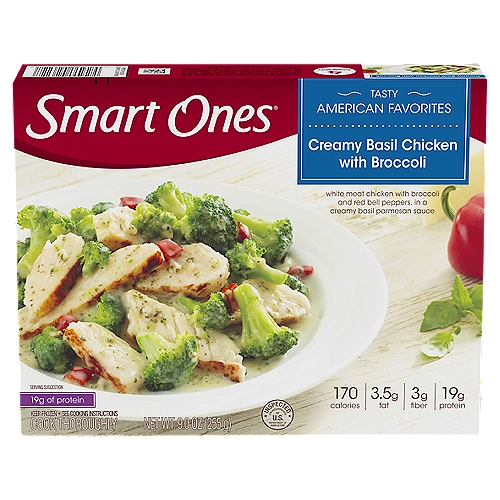 Smart Ones Creamy Basil Chicken with Broccoli, 9.0 oz
Smart Ones Creamy Basil Chicken With Broccoli delivers delicious American style flavors to satisfy your cravings in an easy to make microwave meal that's ready in minutes. This frozen dinner features white meat chicken and broccoli with red bell peppers in a creamy Parmesan sauce. As an added bonus, this tasty and easy American inspired food has 19 grams of protein per serving. Pull back film over frozen chicken and veggies to vent, microwave on high for 3 minutes, stir and microwave for an additional 1 minute and 30 seconds. Each Smart Ones Smart Ones Creamy Basil Chicken With Broccoli frozen entree comes packaged in a 9 ounce microwaveable tray for easy meal preparation.

• One 9 oz. box of Smart Ones Creamy Basil Chicken With Broccoli
• Smart Ones Creamy Basil Chicken With Broccoli delivers delicious flavors to satisfy your craving
• White meat chicken with broccoli and red bell peppers in a creamy basil Parmesan sauce
• Each microwave dinner has 19 g. of protein per serving
• Includes a microwave tray for easy meal preparation
• Microwave on high 3 minutes, stir and microwave for additional 1 minute and 30 seconds
• Store in the freezer