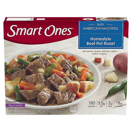 Smart Ones Homestyle Beef Pot Roast delivers delicious American style flavors to satisfy your cravings in an easy to make microwave meal that's ready in minutes. This frozen dinner features homestyle pot roast and potatoes with carrots, onions, green beans and gravy. As an added bonus, this tasty and easy American inspired pot roast dinner has 18 grams of protein per serving. Pull back film over frozen pot pie dinner to vent, microwave on high for 4 minutes, stir and microwave for an additional 1 minute. Each Smart Ones Homestyle Beef Pot Roast frozen entree comes packaged in a 9 ounce microwaveable tray for easy meal preparation.nn• One 9 oz. box of Smart Ones Home Style Beef Pot Roastn• Smart Ones Home Style Beef Pot Roast delivers delicious flavors to satisfy your cravingn• Homestyle roast beef with potatoes and carrots, onions, green beans and gravyn• Each microwave dinner has 18 g. of protein per servingn• Includes a microwave tray for easy meal preparationn• Microwave on high 4 minutes, stir and microwave for additional 1 minuten• Store in the freezer