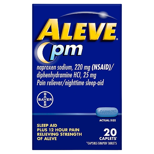 Aleve PM Pain Reliever/Nighttime Sleep-Aid Caplets, 20 count
Caplets*
*Capsule-Shaped Tablets

Drug Facts
Active ingredients (in each caplet) - Purposes
Diphenhydramine hydrochloride 25 mg - Nighttime sleep-aid
Naproxen sodium 220 mg (naproxen 200 mg) (NSAID)* - Pain reliever
*nonsteroidal anti-inflammatory drug

Uses
• for relief of occasional sleeplessness when associated with minor aches and pains
• helps you fall asleep and stay asleep