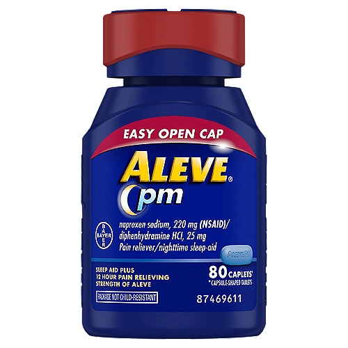 Aleve PM Caplets, 80 count
80 Caplets*
*Capsule-Shaped Tablets

Drug Facts
Active ingredients (in each caplet) - Purposes
Diphenhydramine hydrochloride 25 mg - Nighttime sleep-aid
Naproxen sodium 220 mg (naproxen 200 mg) (NSAID)* - Pain reliever
*nonsteroidal anti-inflammatory drug

Uses
• for relief of occasional sleeplessness when associated with minor aches and pains
• helps you fall asleep and stay asleep
