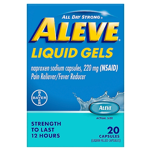 Aleve All Day Strong Pain Reliever/Fever Reducer Liquid Gels Capsules, 220 mg, 20 count
Drug Facts
Active ingredient (in each capsule) - Purposes
Naproxen sodium 220 mg (naproxen 200 mg) (NSAID)* - Pain reliever/fever reducer
*nonsteroidal anti-inflammatory drug

Uses
● temporarily relieves minor aches and pains due to:
● minor pain of arthritis
● muscular aches
● backache
● menstrual cramps
● headache
● toothache
● the common cold
● temporarily reduces fever