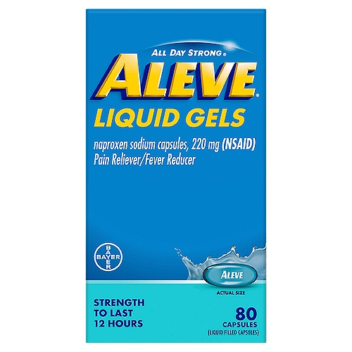 Aleve All Day Strong Liquid Gel Capsules, 220 mg, 80 count
Drug Facts
Active ingredient (in each capsule) - Purposes
Naproxen Sodium 220 mg (Naproxen 200 mg) (NSAID)* - Pain reliever/fever reducer
*nonsteroidal anti-inflammatory drug

Uses
• temporarily relieves minor aches and pains due to:
 • minor pains of arthritis
 • muscular aches
 • backache
 • menstrual cramps
 • headache
 • toothache
 • the common cold
• temporarily reduces fever