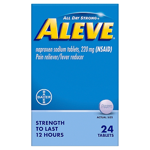 Aleve All Day Strong Naproxen Sodium Tablets, 220 mg, 24 count
Drug Facts
Active ingredient (in each tablet) - Purposes
Naproxen sodium 220 mg (naproxen 200 mg) (NSAID)* - Pain reliever/fever reducer
*nonsteroidal anti-inflammatory drug

Uses
• temporarily relieves minor aches and pains due to:
 • minor pain of arthritis
 • muscular aches
 • backache
 • menstrual cramps
 • headache
 • toothache
 • the common cold
• temporarily reduces fever