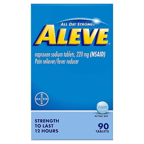 Aleve All Day Strong Naproxen Sodium Tablets, 220 mg, 90 count
Drug Facts
Active ingredient (in each tablet) - Purposes
Naproxen sodium 220 mg (naproxen 200 mg) (NSAID)* - Pain reliever/fever reducer
*nonsteroidal anti-inflammatory drug

Uses
• temporarily relieves minor aches and pains due to:
 • minor pain of arthritis
 • muscular aches
 • backache
 • headache
 • the common cold
 • menstrual cramps
 • toothache
• temporarily reduces fever