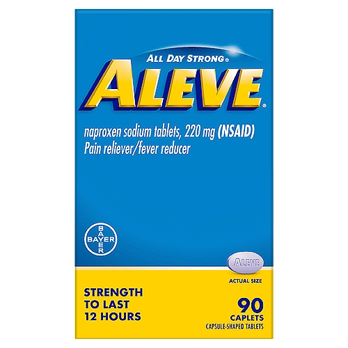 Aleve All Day Strong Naproxen Sodium Tablets, 220 mg, 90 count
Naproxen Sodium Tablets, 220 mg (NSAID) Pain Reliever/Fever Reducer

Drug Facts
Active ingredient (in each caplet) - Purposes
Naproxen sodium 220 mg (naproxen 200 mg) (NSAID)* - Pain reliever/fever reducer
*nonsteroidal anti-inflammatory drug

Uses
• temporarily relieves minor aches and pains due to:
 • minor pains of arthritis
 • muscular aches
 • backache
 • menstrual cramps
 • headache
 • toothache
 • the common cold
• temporarily reduces fever