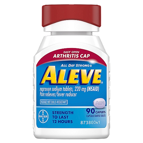 Aleve All Day Strong Naproxen Sodium Tablets, 220 mg, 90 count
Drug Facts
Active ingredients (in each caplet) - Purposes
Naproxen sodium 220 mg (naproxen 200 mg) (NSAID)* - Pain reliever/fever reducer
*nonsteroidal anti-inflammatory drug

Uses
• temporarily relieves minor aches and pains due to:
• minor pain of arthritis
• muscular aches
• backache
• menstrual cramps
• headache
• toothache
• the common cold
• temporarily reduces fever