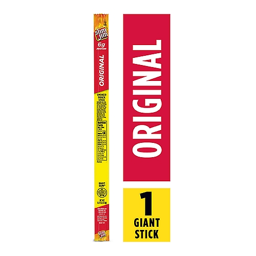 When it comes to snacking, they say size matters. That's why Slim Jim Giant Original Flavor Smoked Meat Stick has a big, meaty flavor that will please the ginormous meat-lover in you; with 6 grams of protein in each serving, these original flavored meat stick easily please your need for beef. They come individually wrapped, so you can enjoy a king-size snack anywhere you want. Our epic portfolio of Slim Jim meat sticks, snack sticks, and beef jerky is colossal-just like your appetite. So, go ahead and fill your kitchen's pantry and please your carnivorous palate. Don't wait 'til that gigantic hunger comes calling; snap into a Giant Slim Jim Meat Stick and snack big.
