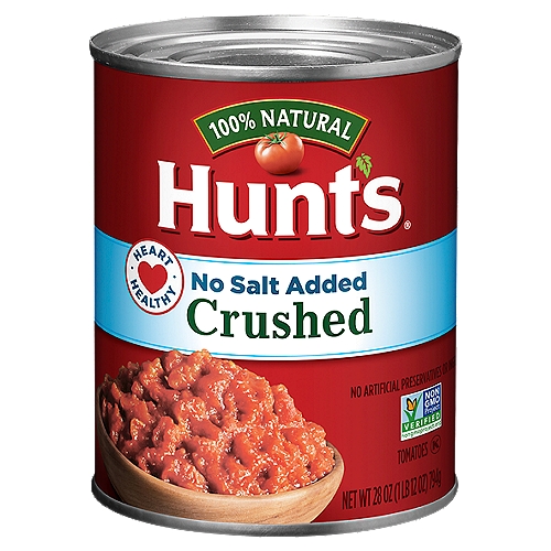 Hunt's Crushed Tomatoes 100% Natural With No Salt Added, 28 oz.
Liven up your homemade sauces and family recipes without the added sodium using Hunt's Crushed Tomatoes, 100% Natural With No Salt Added. This low-sodium alternative has a consistency between tomato sauce and diced tomatoes and is perfect as a primary sauce ingredient. Made with Hunt's vine-ripened tomatoes that are 100% natural with no artificial preservatives, you'll taste the difference in these canned tomatoes. Hunt's: Let's Talk Tomatoes
