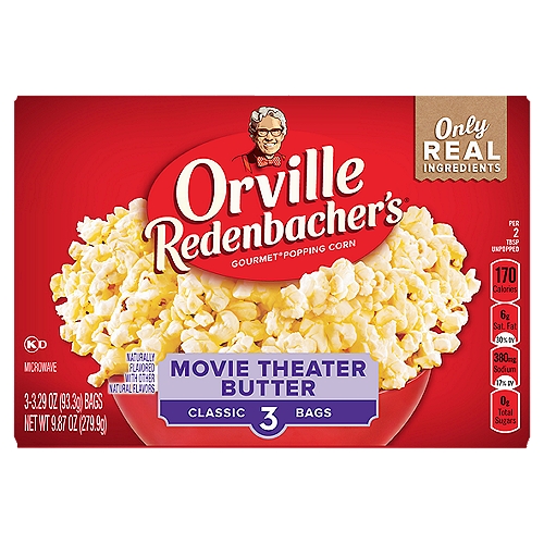 Orville Redenbacher's Movie Theater Butter Microwave Popcorn, 3.29 Ounce Classic Bag, 3-Count
Orville Redenbacher's is the only leading brand that uses real butter* and the only leading brand of microwave popcorn with no artificial preservatives, flavors, or dyes in all of our products. Every handful of our delicious Movie Theater Butter Popcorn transports you from your couch to the theater. Orville Redenbacher's microwave popcorn is made with only high-quality, non-GMO popcorn kernels. Orville Redenbacher's isn't just a name. It's a promise of excellence and authenticity-and boom-the perfect microwave popcorn to add a pop of fun to every occasion.  

* Select products contain real butter. See package for ingredient details.

Gourmet® Popping Corn