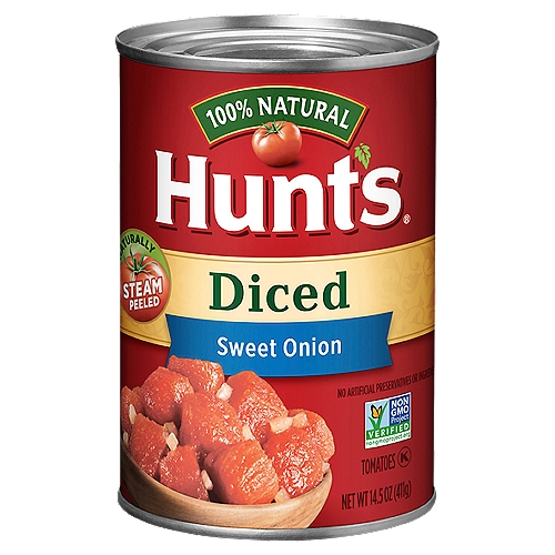 Hunt's Diced Tomatoes with Sweet Onion, 14.5 oz
Turn every recipe into something special with Hunt's Diced Tomatoes with Sweet Onion. Add a deliciously mild and sweet twist to your pasta sauces, pizzas, and soups. Hunt's vine-ripened tomatoes are peeled, diced, and ready to go. No compromise, Hunt's Diced Tomatoes with Sweet Onion are 100% natural, with no artificial preservatives. Hunt's Flashsteam® tomatoes are peeled with simple hot water. Contains 14.5 oz of diced tomatoes; 40 calories per serving. Hunt's tomatoes are picked at the peak of ripeness and canned within hours, because great tasting meals start with great ingredients.