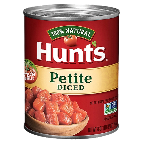 Hunt's Petite Diced Tomatoes, 28 oz
Experience the signature Hunt's difference in your favorite meal with Hunt's Petite Diced Tomatoes. Hunt's vine-ripened tomato flavor livens up pizzas, casseroles, stews, and chili. Hunt's petite vine-ripened tomatoes are peeled, diced, and ready to go. No compromise, Hunt's Petite Diced Tomatoes are 100% natural, with no artificial preservatives. Hunt's Flashsteam® tomatoes are peeled with simple hot water. Contains 28 oz of canned diced tomatoes; roughly 3.5 servings per container; 30 calories per serving. Hunt's tomatoes are picked at the peak of ripeness and canned within hours, because great tasting meals start with great ingredients.