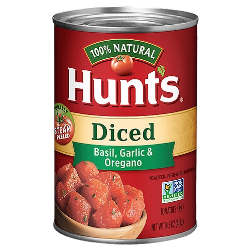 Hunt's Diced Tomatoes with Basil, Garlic & Oregano, 14.5 oz
Add a taste of Italy to your favorite meals using Hunt's Diced Tomatoes with Basil, Garlic & Oregano. Savor every bite of Hunt's robust herb blend, perfect for pasta sauces, pizzas, lasagna, and more. Hunt's vine-ripened tomatoes are peeled, diced, and ready to go. No compromise, Hunt's Diced Tomatoes with Basil, Garlic & Oregano are 100% natural, with no artificial preservatives. Hunt's Flashsteam® tomatoes are peeled with simple hot water. Contains 14.5 oz of diced tomatoes; roughly 3.5 servings per container; 35 calories per serving. Hunt's tomatoes are picked at the peak of ripeness and canned within hours, because great tasting meals start with great ingredients.

Proudly Grown
At Hunt's we Steam Peel our tomatoes with simple hot water. That means no chemicals, like lye*, are ever used to peel our tomatoes. Our tomatoes are vine ripened and picked at the peak of ripeness because we know great tasting meals start with great ingredients. Cook Confidently!
*Lye peeling is generally recognized as safe by the FDA and has no adverse effects on the healthfulness of tomatoes.