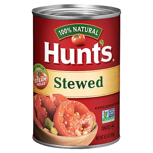 Hunts Naturally Steam Peeled Stewed Tomatoes, 14.5 oz
Proudly Grown
At Hunt's we Steam Peel our tomatoes with simple hot water. That means no chemicals, like lye*, are ever used to peel our tomatoes. Our tomatoes are vine ripened and picked at the peak of ripeness because we know great tasting meals start with great ingredients.
Cook Confidently!
*Lye peeling is generally recognized as safe by the FDA and has no adverse effects on the healthfulness of tomatoes.