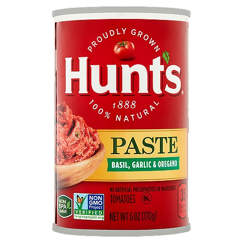 Hunt's Basil, Garlic & Oregano Tomato Paste, 6 oz
Great Taste
Our paste starts with tomatoes that are vine ripened and picked at the peak of ripeness, because we know great tasting meals start with great ingredients.
Cook confidently!