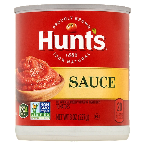 Hunt's Tomato Sauce, 8 oz
Great Taste
Our sauce starts with tomatoes that are vine ripened & picked at the peak of ripeness, because we know great tasting meals start with great ingredients.
Cook confidently!