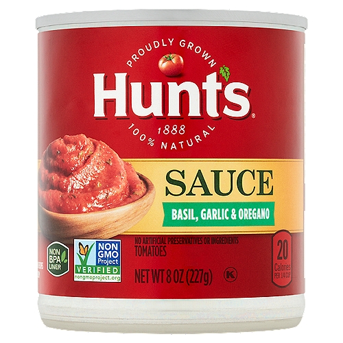 Hunt's Basil, Garlic & Oregano Tomato Sauce, 8 oz
Great Taste
Our sauce starts with tomatoes that are vine ripened & picked at the peak of ripeness, because we know great tasting meals start with great ingredients.
Cook confidently!