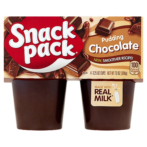 Snack Pack Chocolate Pudding, 3.25 oz, 4 count
Made with real milk*
*Made with nonfat milk, no partially hydrogenated oils

No artificial growth hormones used†
†No significant difference has been shown between milk derived from rBST-treated cows and non-rBST treated cows.