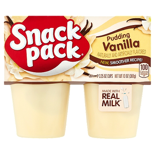Snack Pack Vanilla Pudding, 3.25 oz, 4 count
Made with real milk*
*Made with nonfat milk, no partially hydrogenated oils

No artificial growth hormones used†
†No significant difference has been shown between milk derived from rBST-treated cows and non-rBST treated cows.

Mmm...delicious