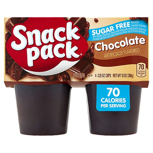 Snack Pack Sugar Free Chocolate Pudding, 3.25 oz, 4 count
Reduced Calorie Pudding

30% fewer calories than our regular chocolate pudding. Calorie content has been reduced from 100 to 70 per serving.

Mmm...delicious

Made with real milk*
*Made with nonfat milk

No artificial growth hormones used†
†No significant difference has been shown between milk derived from rBST-treated cows and non-rBST treated cows.