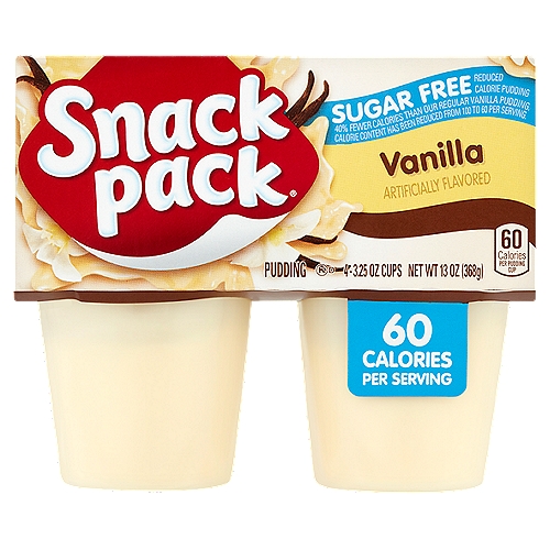 Snack Pack Sugar Free Vanilla Pudding, 3.25 oz, 4 count
Reduced Calorie Pudding

40% fewer calories than our regular vanilla pudding. Calorie content has been reduced from 100 to 60 per serving.

Mmm...delicious

Made with real milk*
*Made with nonfat milk

No artificial growth hormones used†
†No significant difference has been shown between milk derived from rBST-treated cows and non-rBST treated cows.