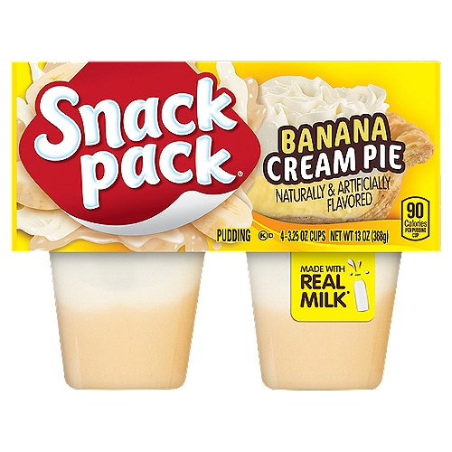 Snack pack Banana Cream Pie Pudding, 3.25 oz, 4 count
Snack Pack Banana Cream Pie Naturally and Artificially Flavored Pudding Cups are a delicious snack or dessert that is perfect for any time of the day. This pudding snack has a classic banana cream pie flavor and a delectable creaminess that everybody is sure to love. These pudding snacks are made with real nonfat milk and no high fructose corn syrup or preservatives. Snack Pack pudding cups are perfect for packing in a lunch so you can cap off your meal with a delicious sweet snack. These Snack Pack banana cream pie pudding cups also make an easy after-dinner treat or dessert. If you want to add some extra excitement to these pudding cups, try using them for exciting recipes. You can make birthday desserts with whipped cream and sprinkles, holiday treats with fruit and cookie crumbles, and even fun treats that resemble flowers or fun times at the beach for summer get-togethers.