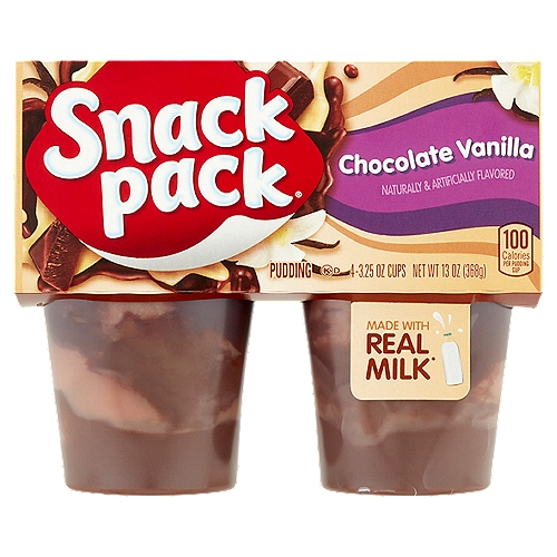 Snack Pack Chocolate Vanilla Pudding, 3.25 oz, 4 count
Made with Real Milk*
*Made with Nonfat Milk

No artificial growth hormones used†
†No Significant Difference has Been Shown Between Milk Derived from rBST-Treated Cows and Non-rBST Treated Cows.