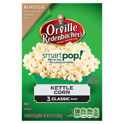 Orville Redenbacher's Smart Pop! Classic Kettle Corn, 2.69 oz, 3 count
94% Fat Free
15 Calories/Cup Popped*
* See Nutrition Information for per Serving Calorie Content