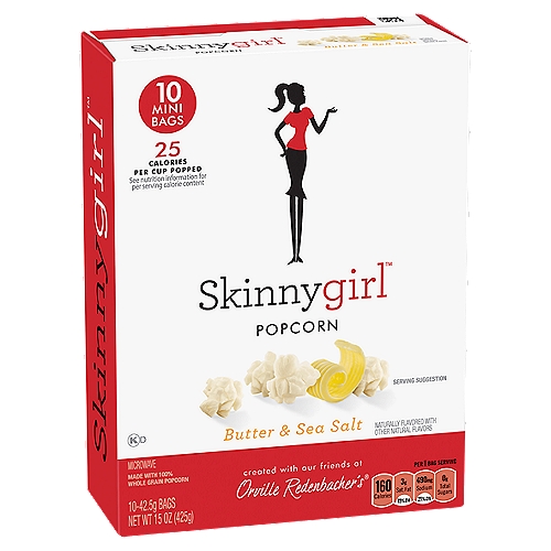 Skinnygirl Butter & Sea Salt Microwave Popcorn, 42.5 g, 10 count
Created with our friends at Orville Redenbacher's®

Some flavors are just meant to be together.
You'll love this lighter twist on the classic butter blend. We've added a hint of that sea salt flavor you can't get enough of to this light and fluffy popcorn. Heat up our little mini bag and enjoy. Made with Orville Redenbacher's® Gourmet® popping corn, it's a delicious, sensible snack you can take anywhere.

100% Orville Redenbacher's® Gourmet® Popping Corn.