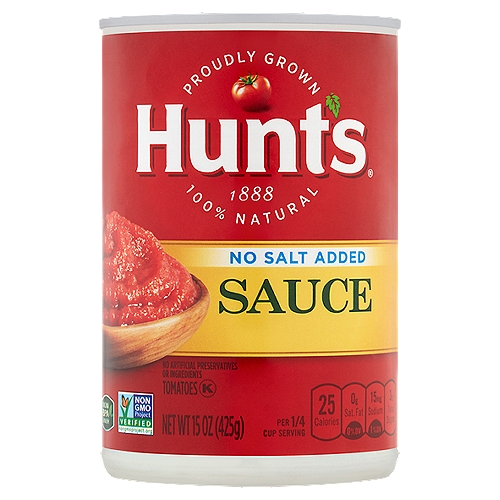 Hunt's No Salt Added Tomato Sauce, 15 oz
Great Taste
Our sauce starts with tomatoes that are vine ripened & picked at the peak of ripeness because we know great tasting meals start with great ingredients.
Cook confidently!