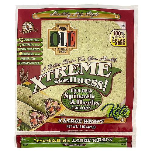 Olé Mexican Foods Xtreme Wellness! Carb Lean Spinach & Herbs Large Wraps, 6 counts, 15 oz
