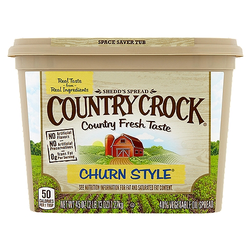 Country Crock Churn-Style Buttery Spread has a creamy, fresh-from-the-farm taste made from real ingredients your whole family will enjoy. 